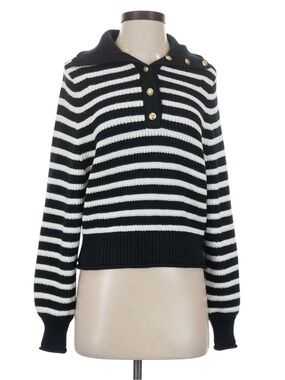 J. Crew Ribbed Cotton Collar Sweater in Stripe Small Black White Gold Buttons